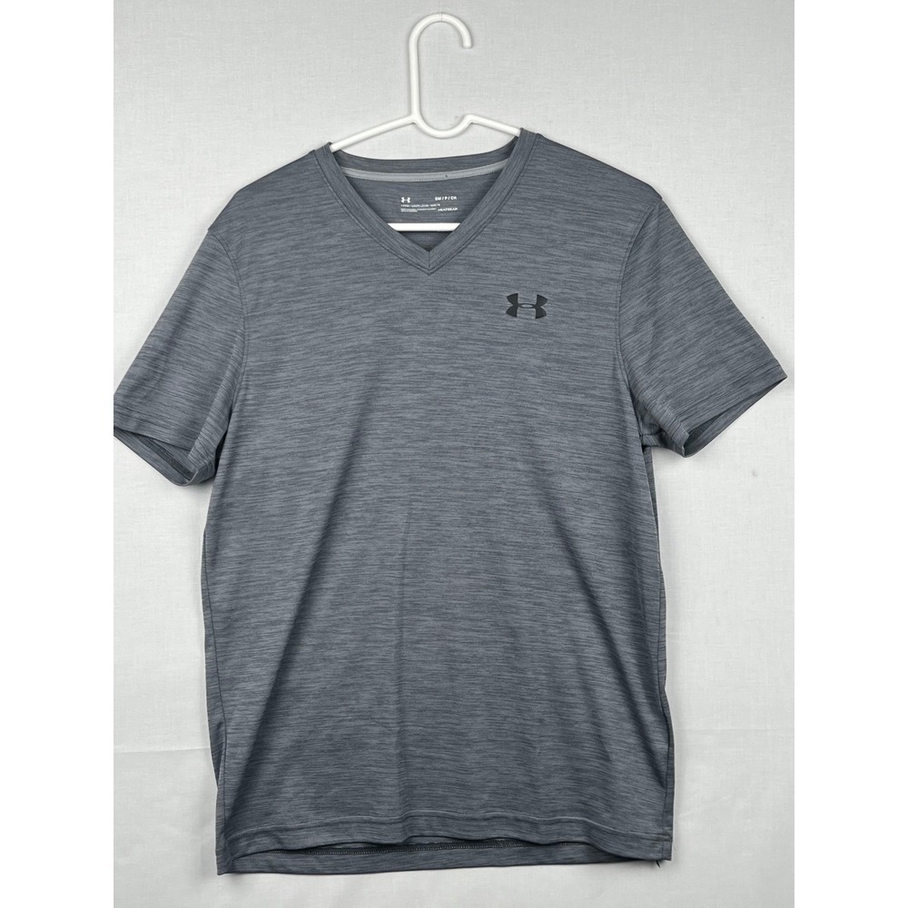 Under Armour HeatGear Shirt Mens Small Gray V-Neck Short‎ Sleeve Loose Fit Space
